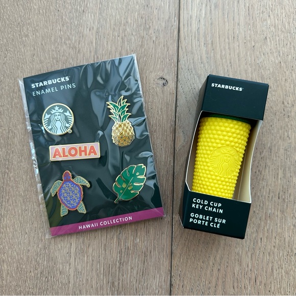 Starbucks Accessories - 🆕 Starbucks Hawaii Exclusive Enamel Pins Set of 5 & Cold Cup Key Chain